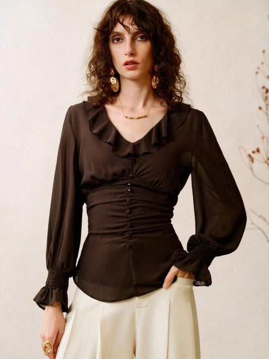CM-TS909065 Women Elegant Seoul Style Chiffon V-Neck Ruffled Lace Long Sleeve Shirt - Coffee Brown