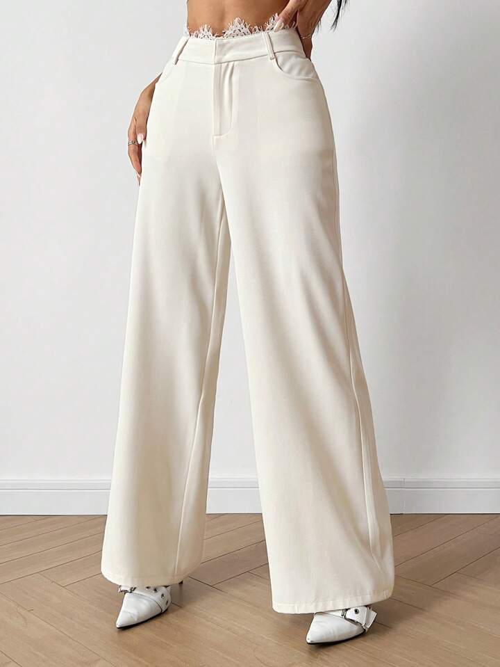 CM-BS936311 Women Casual Seoul Style Lace Patchwork Drop Waist Straight Pants - Apricot