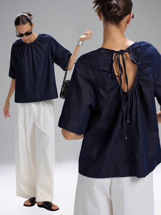 CM-TS435444 Women Casual Seoul Style Drawstring Round Neck 3/4 Sleeve Denim Loose Blouse - Blue