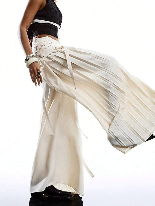 CM-BS055171 Women Casual Seoul Style Solid Color Minimalist Tie-Up Pants Dress Over Pants - Khaki