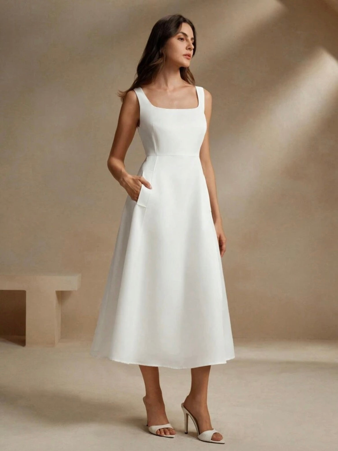 CM-DS341609 Women Elegant Seoul Style Square Neck Strap A-Line Cinched Waist Flattering Dress - White