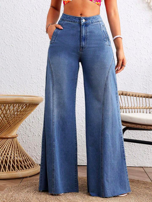 CM-BS226495 Women Casual Seoul Style Medium Wash Loose Button Zipper Mom Fit Wide Leg Denim Pants