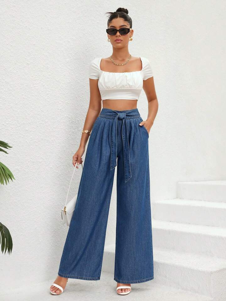 CM-BS692337 Women Casual Seoul Style Medium Wash High Waist Belted Wide Leg Jeans