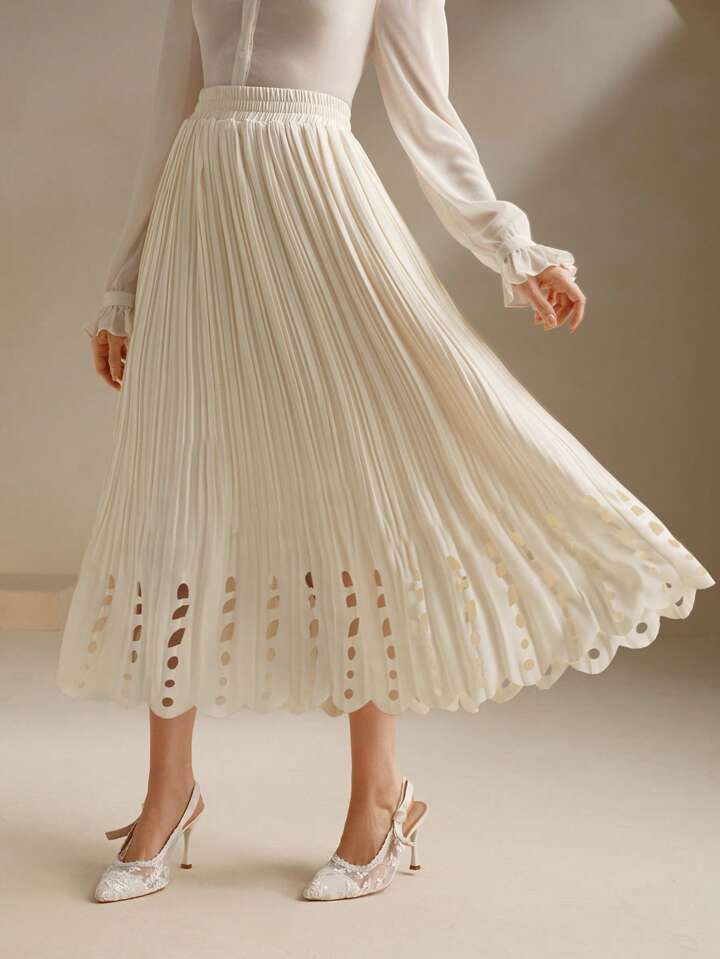 CM-BS200717 Women Elegant Seoul Style Hollow Elastic Waist Pleated Midi Skirt - White