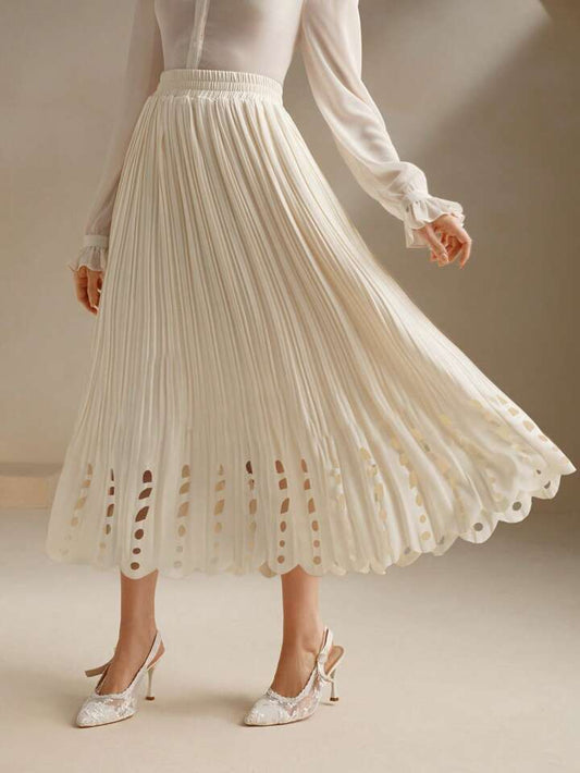 CM-BS200717 Women Elegant Seoul Style Hollow Elastic Waist Pleated Midi Skirt - White