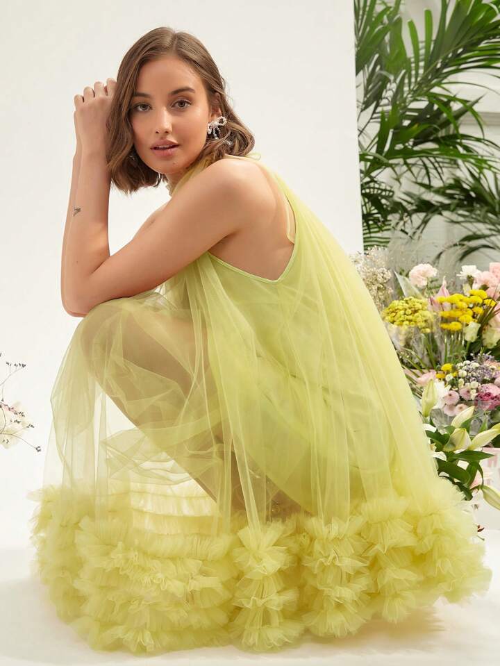 CM-DS054600 Women Elegant Seoul Style Multi-Layered Mesh Halter Neck Dress - Yellow