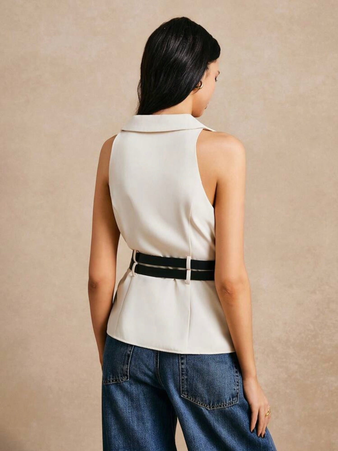 CM-TS211041 Women Casual Seoul Style Solid Color V-Neck Belted Sleeveless Blouse - Apricot