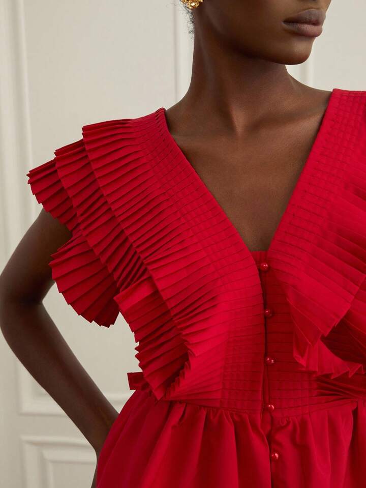 CM-TS888920 Women Elegant Seoul Style V-Neck Flounce Sleeve Multi-Layer Ruffle Pleated Blouse - Red