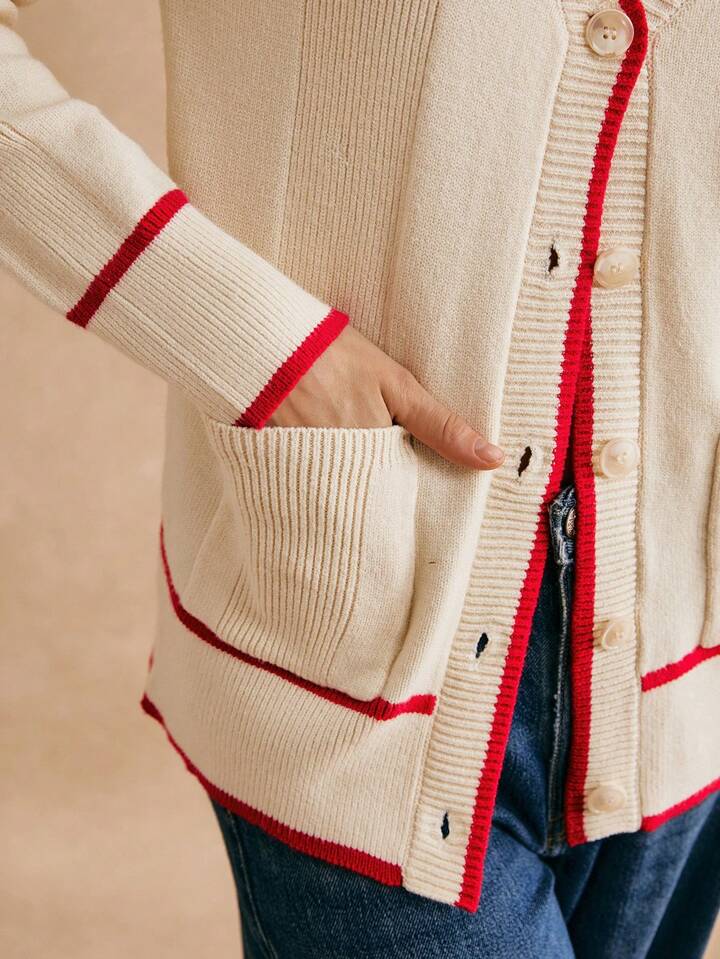 CM-CS363235 Women Casual Seoul Style V-Neck Long-Sleeved Contrasting Edge Design Cardigan - White