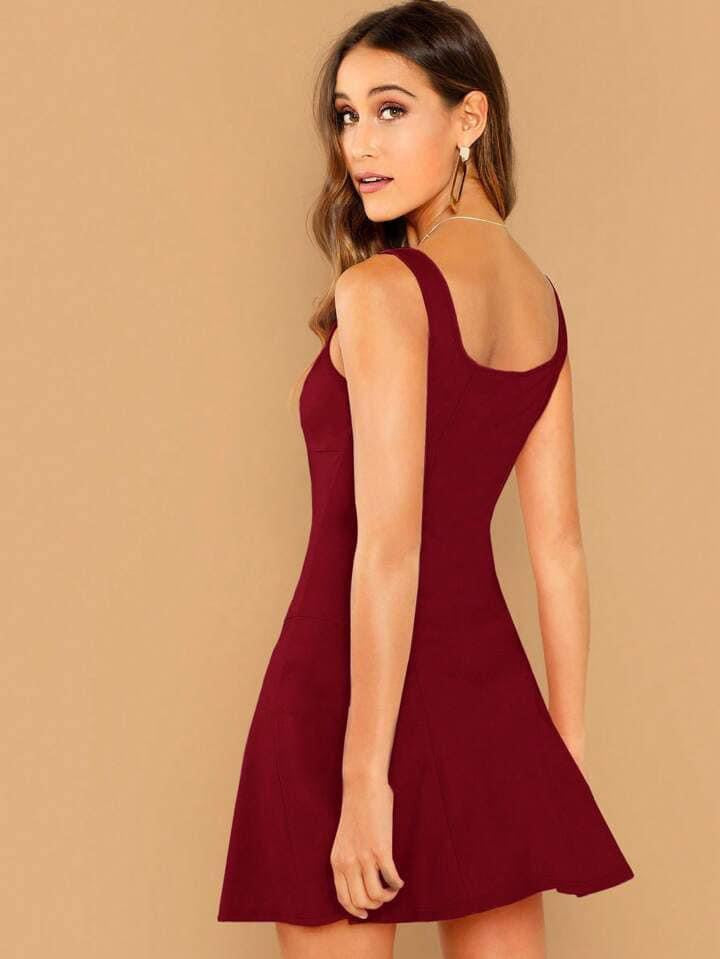 CM-DS196633 Women Casual Seoul Style Solid Color Sleeveless Square Neckline Dress - Red