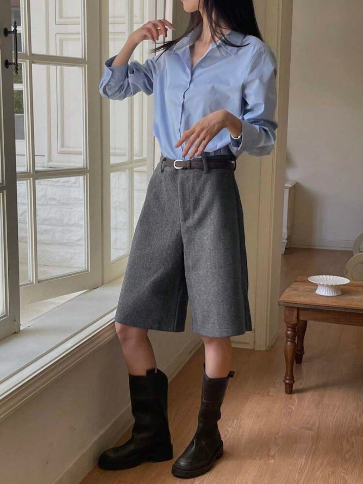 CM-BS951197 Women Casual Seoul Style Loose Straight Leg Casual Wide Leg Shorts - Dark Gray
