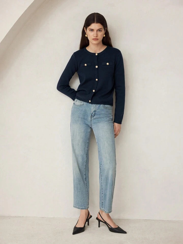 CM-CS353335 Women Casual Seoul Style Crew Neck Long Sleeve Cardigan Sweater - Navy Blue