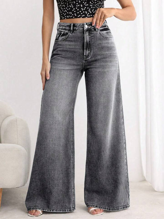 CM-BS603335 Women Elegant Seoul Style Button Front Pocket Loose Wide Leg Jeans - Gray