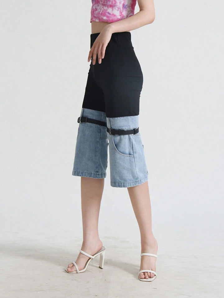 CM-BS035891 Women Casual Seoul Style Contrasting Color Patchwork Cropped Jeans