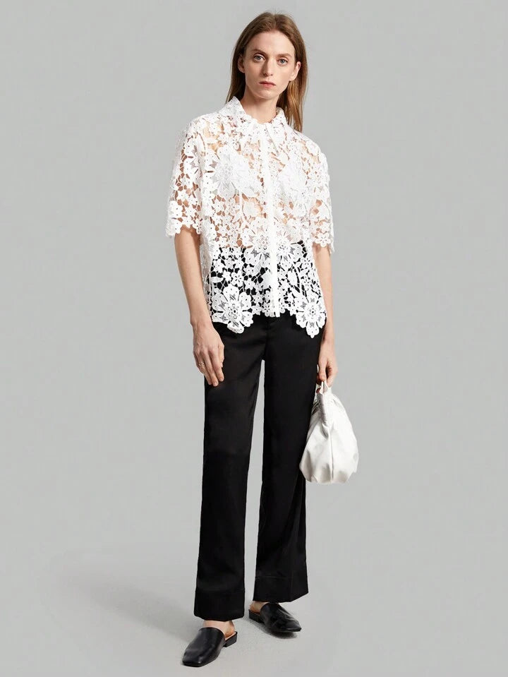 CM-TS357252 Women Casual Seoul Style Stand Collar Short Sleeve Lace Hollow Out Shirt - White