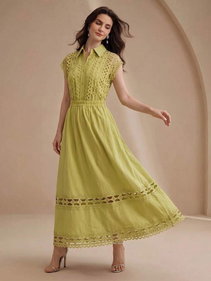 CM-SS636973 Women Elegant Seoul Style Hollow Floral Splice Collar Neckline Sleeveless Shirt With Flared Skirt - Set