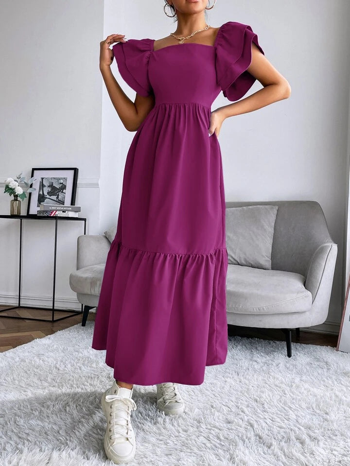 CM-DS813851 Women Trendy Bohemian Style Layered Sleeve Ruffle Hem Dress - Purple