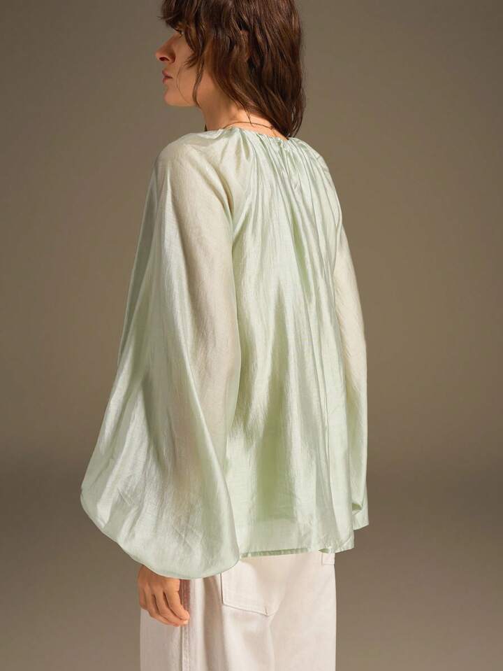 CM-TS744293 Women Casual Seoul Style Round Neck Long Sleeve Semi-Sheer Oversized Silk Shirt - Mint Green