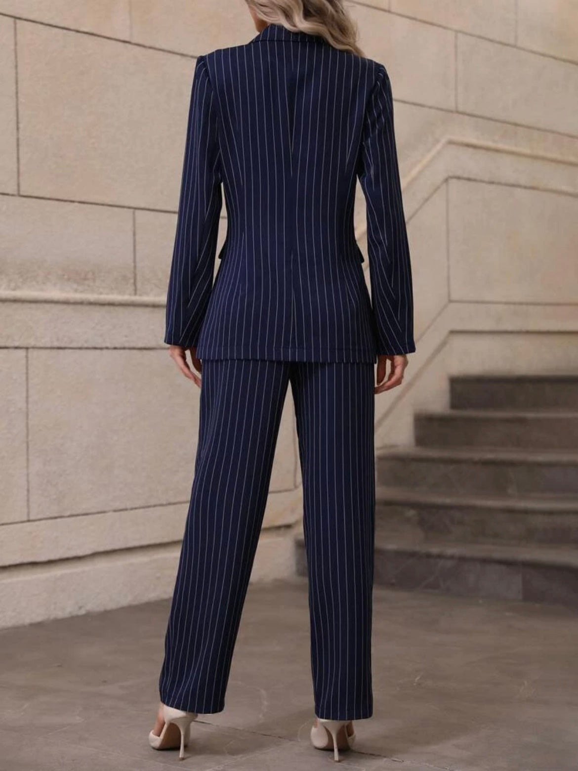 CM-SS476085 Women Elegant Seoul Style Striped Front Button Long Sleeve Blazer With Long Pants - Set