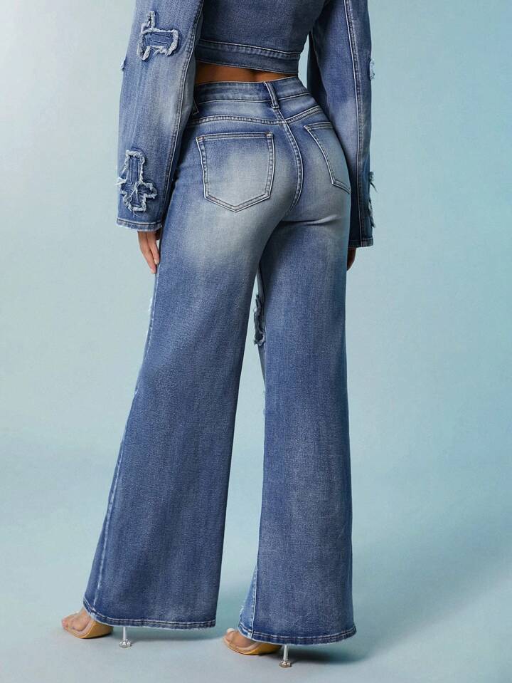 CM-BS081312 Women Casual Seoul Style Medium Wash Cross Patch Washed Wide Leg Jeans