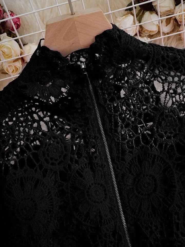 CM-TS020400 Women Casual Seoul Style Floral Lace Hollow Zipper Front Long Sleeve Blouse - Black