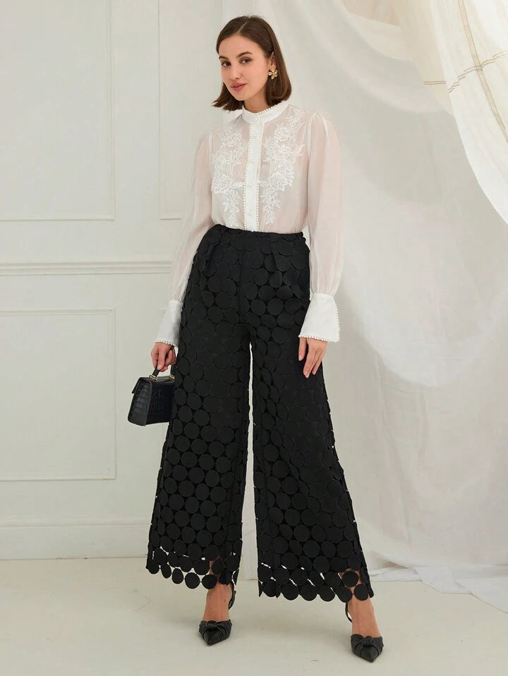 CM-BS035384 Women Trendy Bohemian Style Elastic Waist Lace Straight Leg Trousers - Black