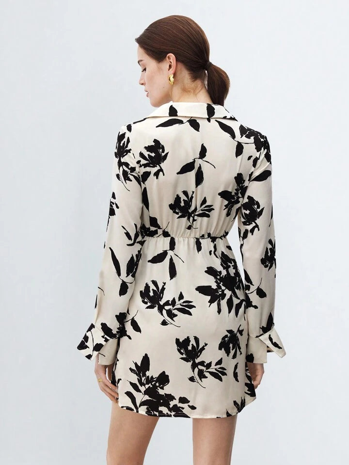 CM-DS105957 Women Casual Seoul Style V-Neck Long Sleeve Printed Twist Knot Mini Dress