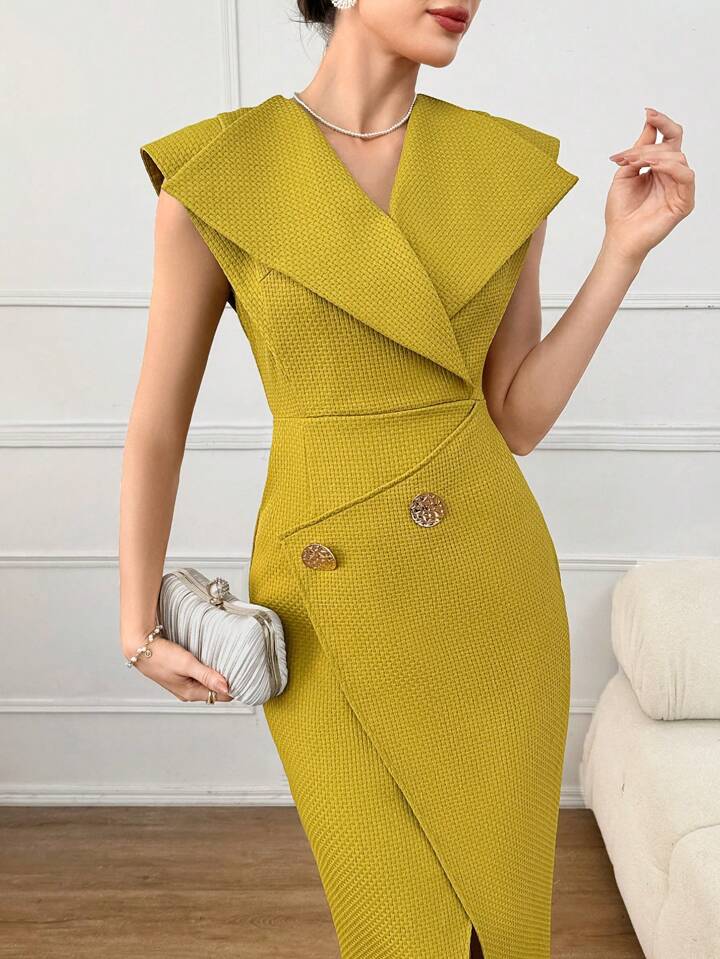 CM-DS491522 Women Elegant Seoul Style Solid Color V-Neck Cap Sleeve Slim Fit Long Dress - Mustard Yellow