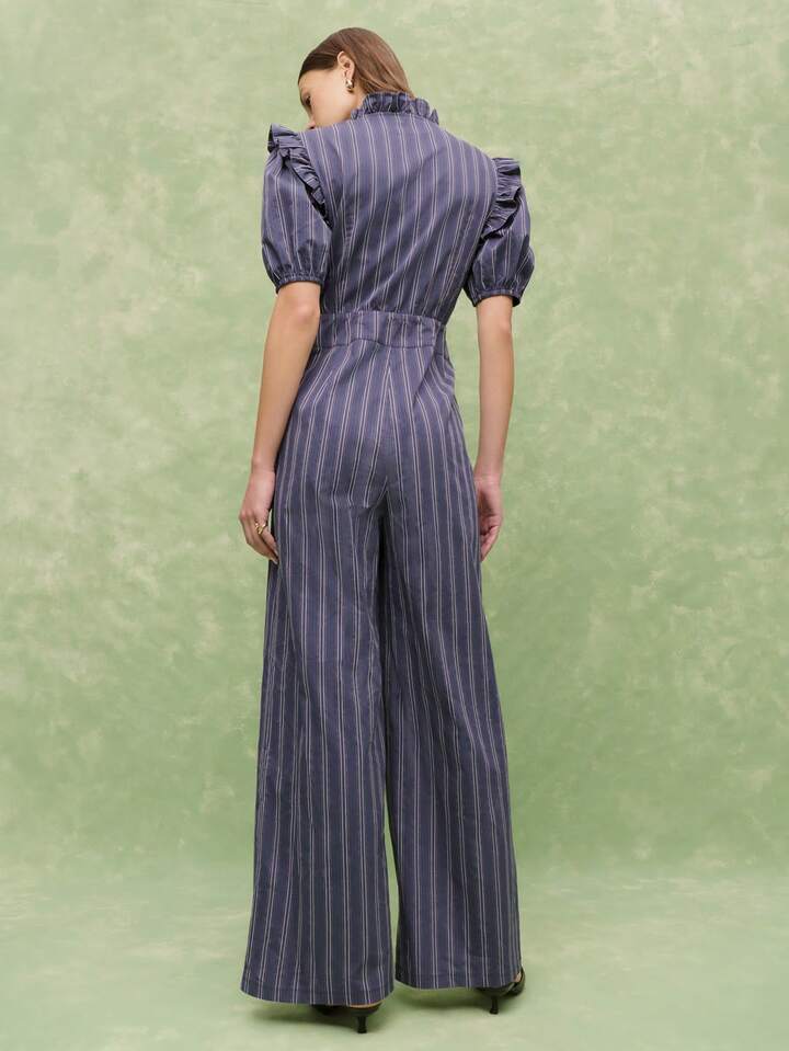 CM-JS316963 Women Casual Seoul Style Ruffled Collar Puff Sleeve Wide Leg Pinstripe Jumpsuit - Navy Blue
