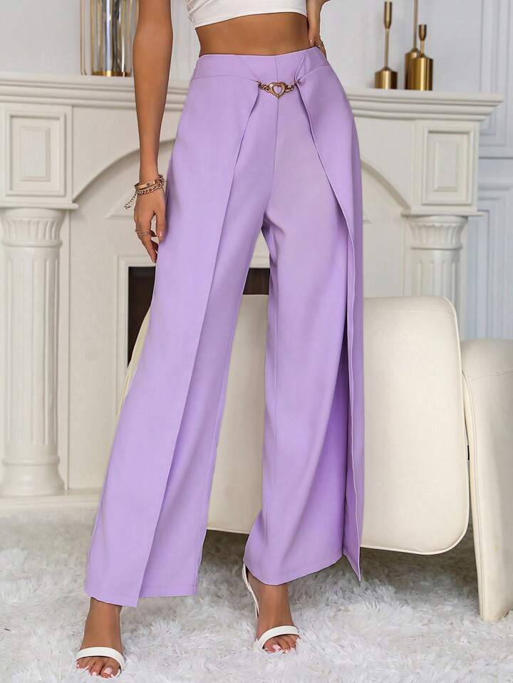 CM-BS866349 Women Casual Seoul Style Heart Shaped Ring Decor Wide Leg Pants - Purple