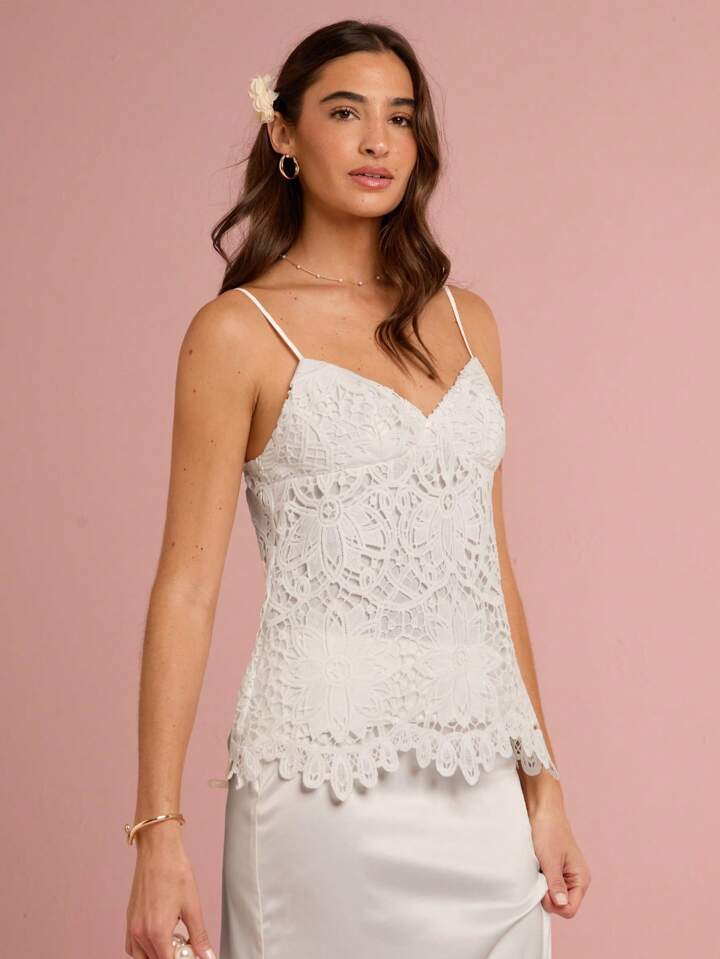 CM-TS216444 Women Elegant Seoul Style Lace Spaghetti Strap Cold Shoulder Cami Top - White