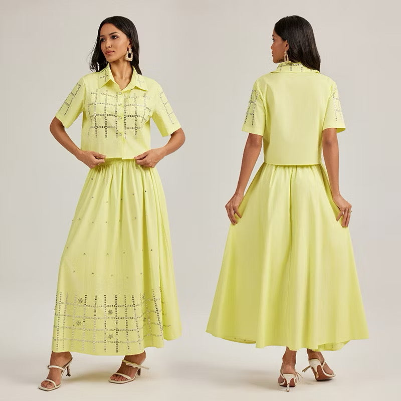 CM-SY044424 Women Elegant European Style Lapel Neckline Short Sleeve Shirt With Long Skirt - Set