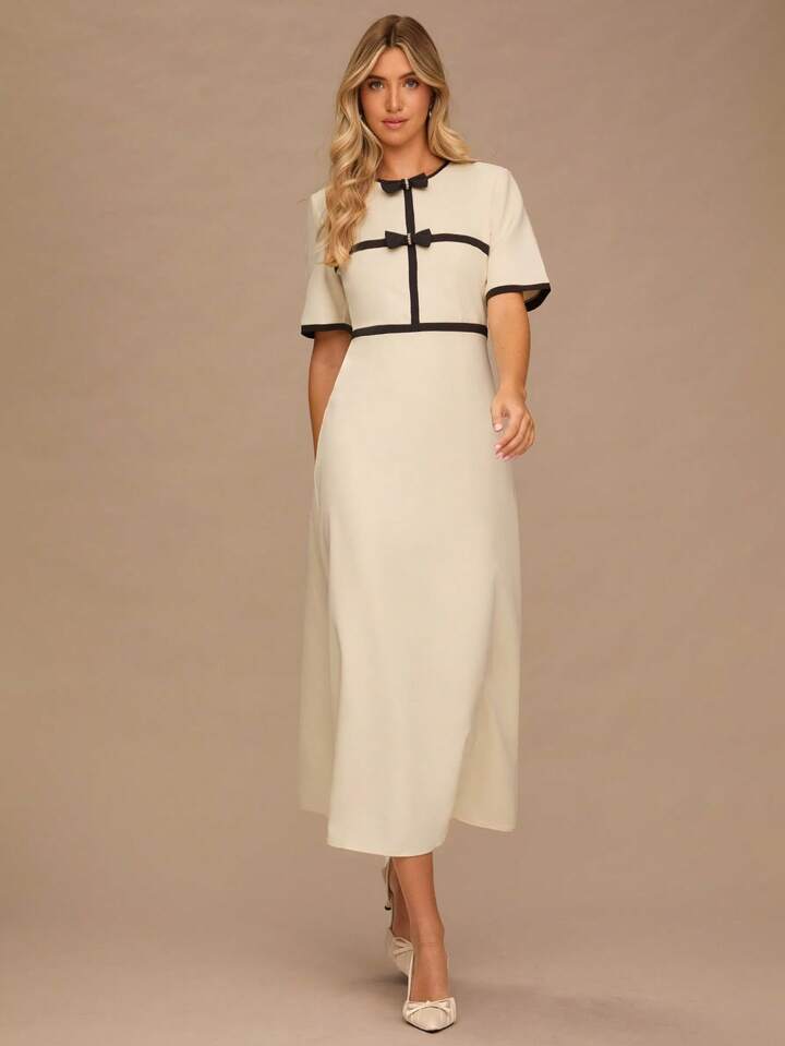 CM-DS063033 Women Elegant Seoul Style Bow Decor Round Neck Short Sleeve Long Dress - Apricot