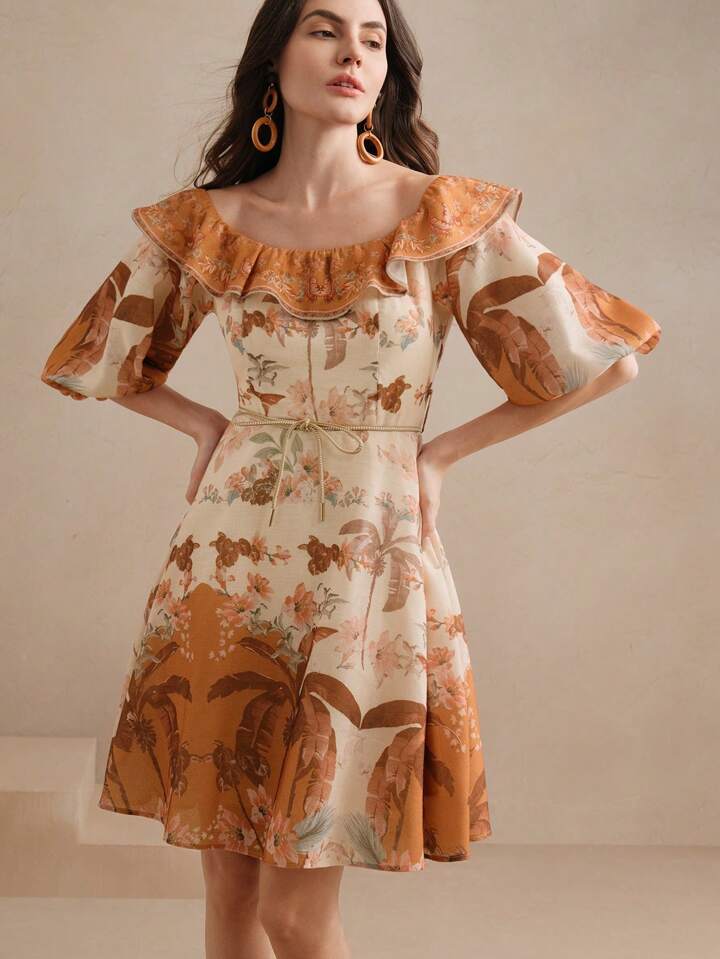 CM-DS328234 Women Trendy Bohemian Style Off Shoulder 3/4 Puff Sleeve High Waist Short Dress