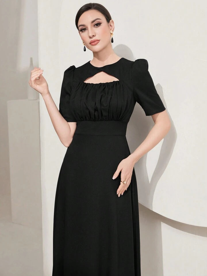CM-DS460216 Women Elegant Seoul Style Short Sleeve Solid Color Hollow Out Dress - Black