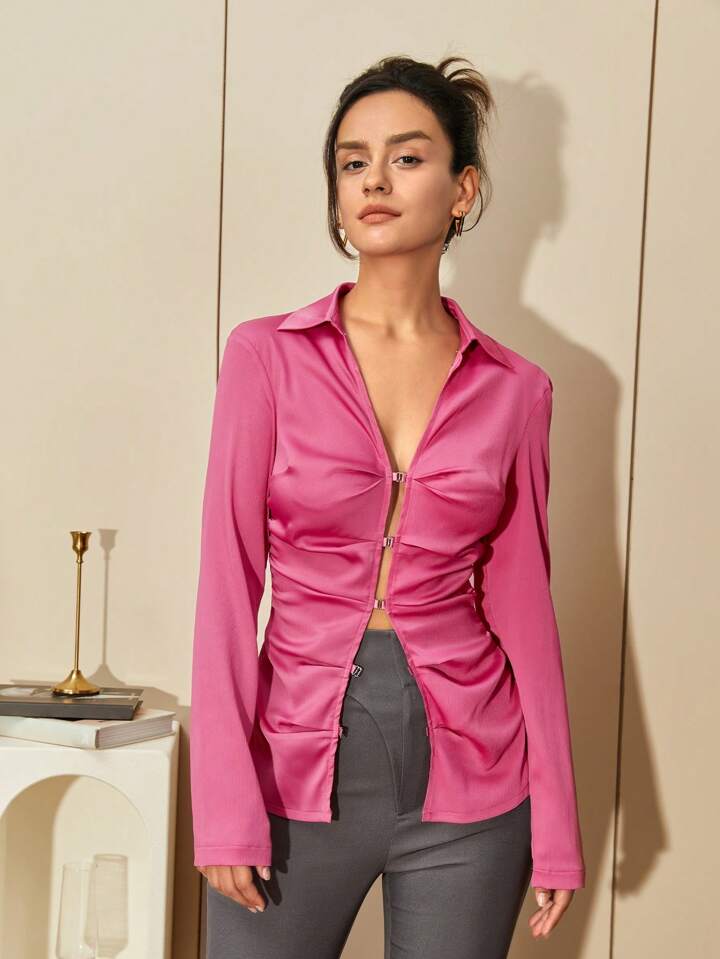 CM-TS300599 Women Elegamnt Seoul Style Collar Neckline Long Sleeve Shirt - Pink