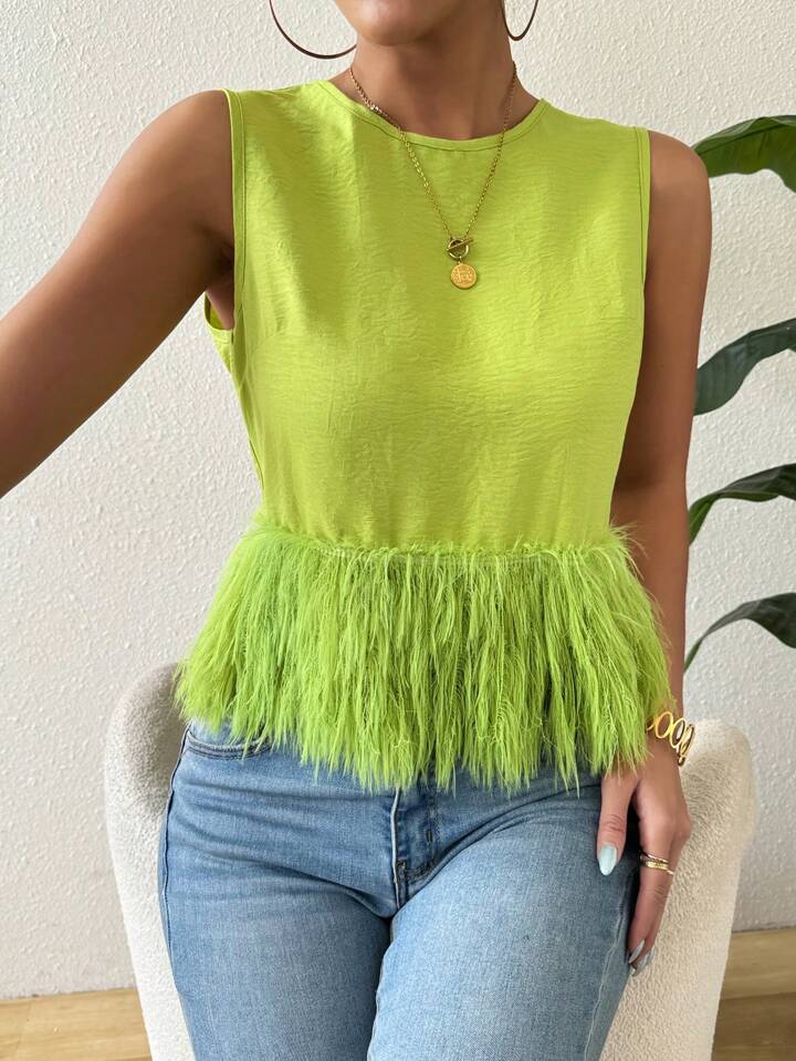 CM-TS346633 Women Casual Seoul Style Round Neck Sleeveless Loose Furry Hem Blouse - Green