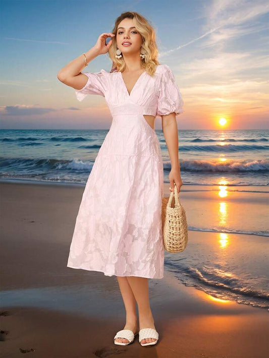 CM-DS244494 Women Elegant Seoul Style 3D Texture Floral V-Neck Puff Sleeve Short Dress - Pink
