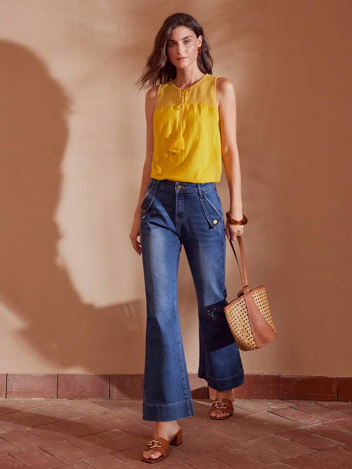 CM-BS863491 Women Casual Seoul Style Foldover Slant Pocket Flafre Leg Jeans - Blue