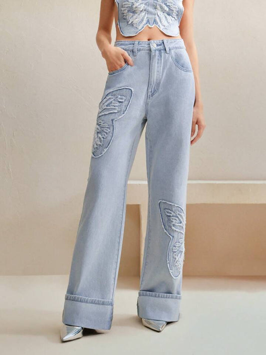 CM-BS777454 Women Casual Seoul Style Butterfly Embroidered Wide-Leg Jeans - Blue