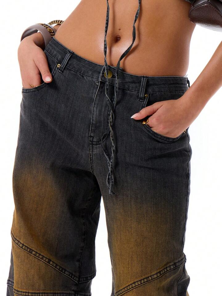 CM-BS409499 Women Casual Seoul Style Drop Waist Extra Long Panel Detail Wide Leg Jeans