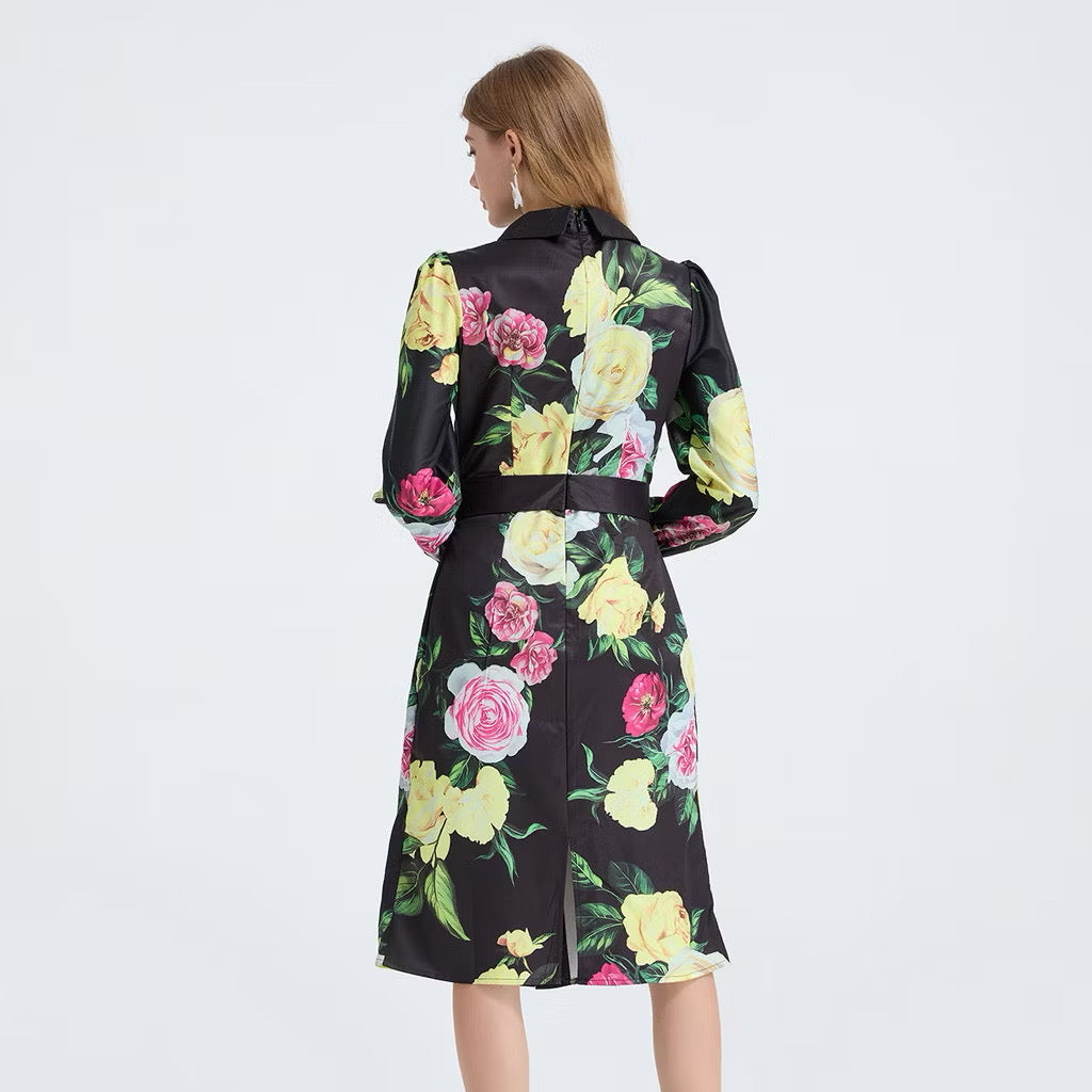 CM-DY053339 Women Elegant European Style Floral Print Collar Neckline Long Sleeve Midi Dress - Black