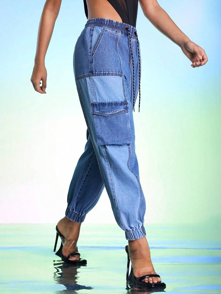 CM-BS242252 Women Casual Seoul Style Medium Wash Two-Tones Drawstring Waist Jeans