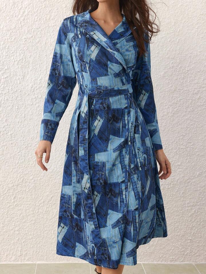 CM-DS016397 Women Elegant Seoul Style V-Neck Long Sleeve Patchwork Print Overlap Collar Denim Dress
