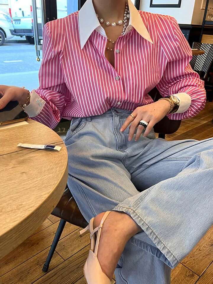 CM-TS668860 Women Casual Seoul Style Striped Button-Up Shirt Collar Long Sleeve Blouse - Pink