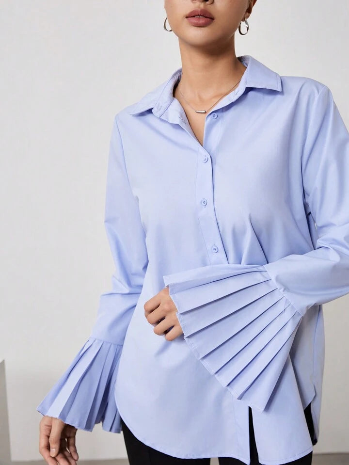 CM-TS093158 Women Casual Seoul Style Collar Neckline Asymmetrical Ruffled Cuffs Shirt - Blue