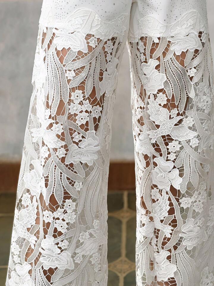 CM-BS987518 Women Elegant Seoul Style Mid Waist Lace Rhinestone Straight Leg Pants - White