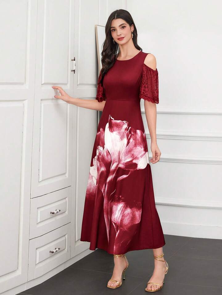 CM-DS943716 Women Elegant Seoul Style Asymmetrical Neck Floral Printed Off-Shoulder A-Line Dress