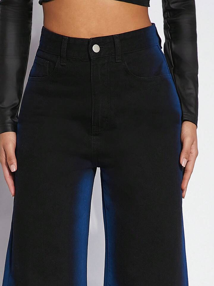 CM-BS546555 Women Casual Seoul Style Ombre Contrast Wide Leg Jeans - Black