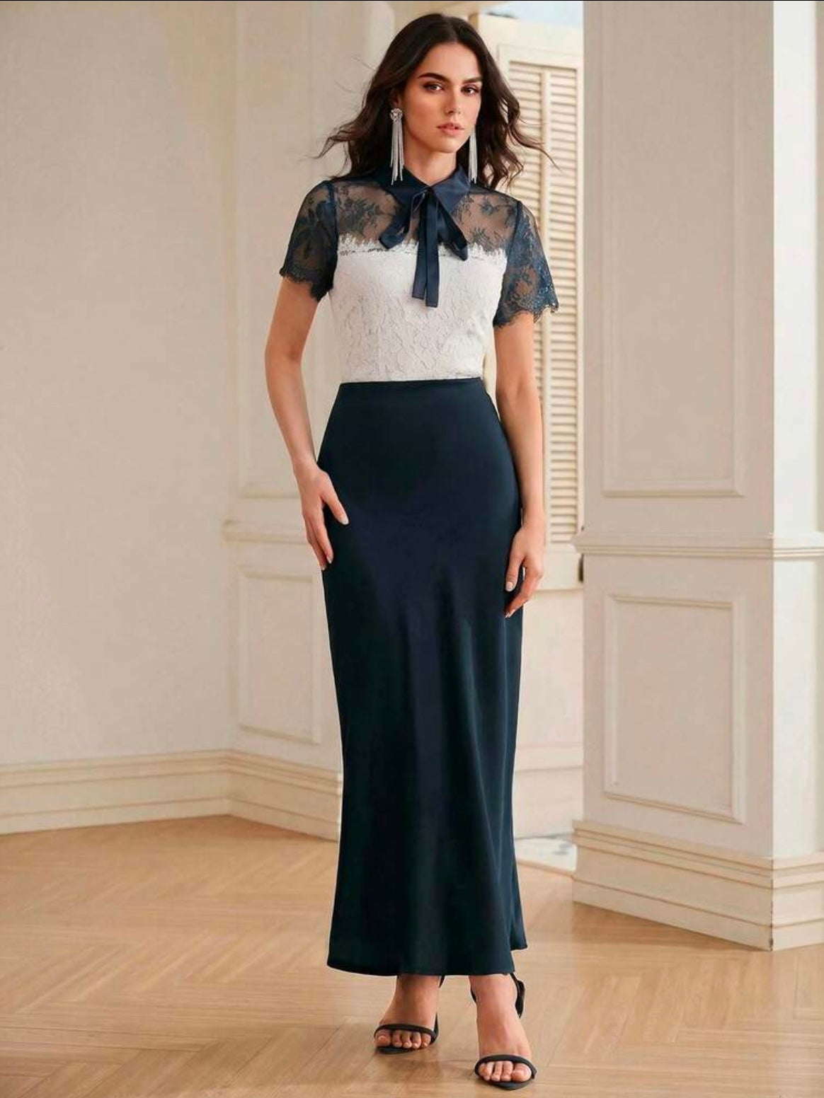 CM-TS067772 Women Elegant Seoul Style Collar Tie Neck Short Sleeve Lace Color Blocking Top - Blue